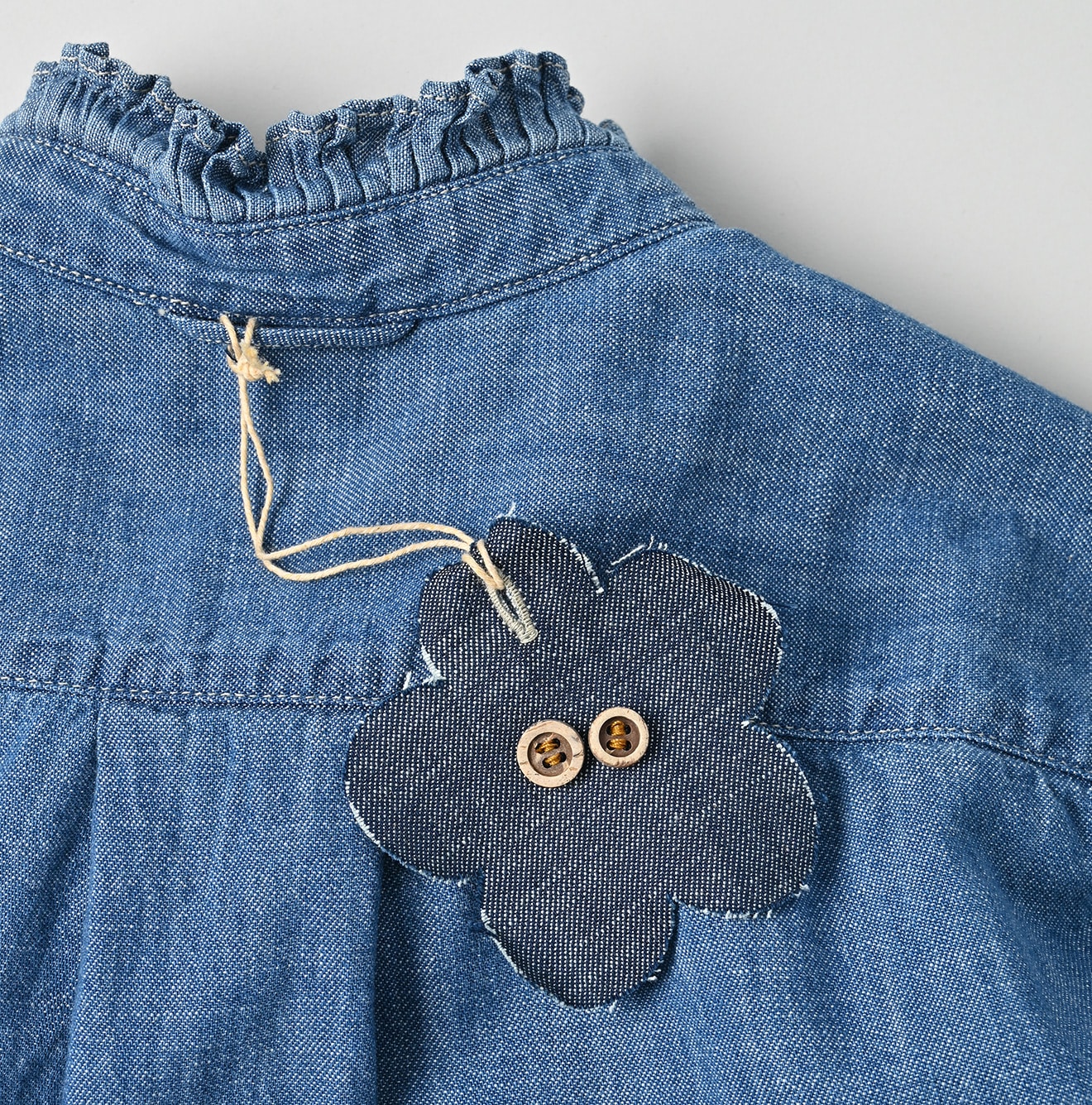 45R Indigo Dungaree Denim Bow Tie Coupe Shirt Distressed
