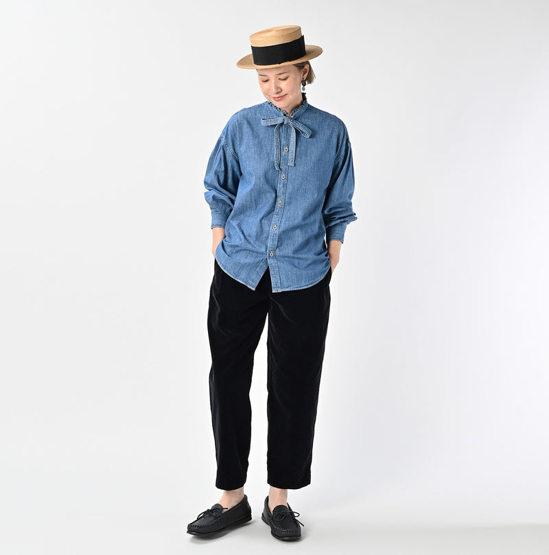 45R Indigo Dungaree Denim Bow Tie Coupe Shirt Distressed - Image 3