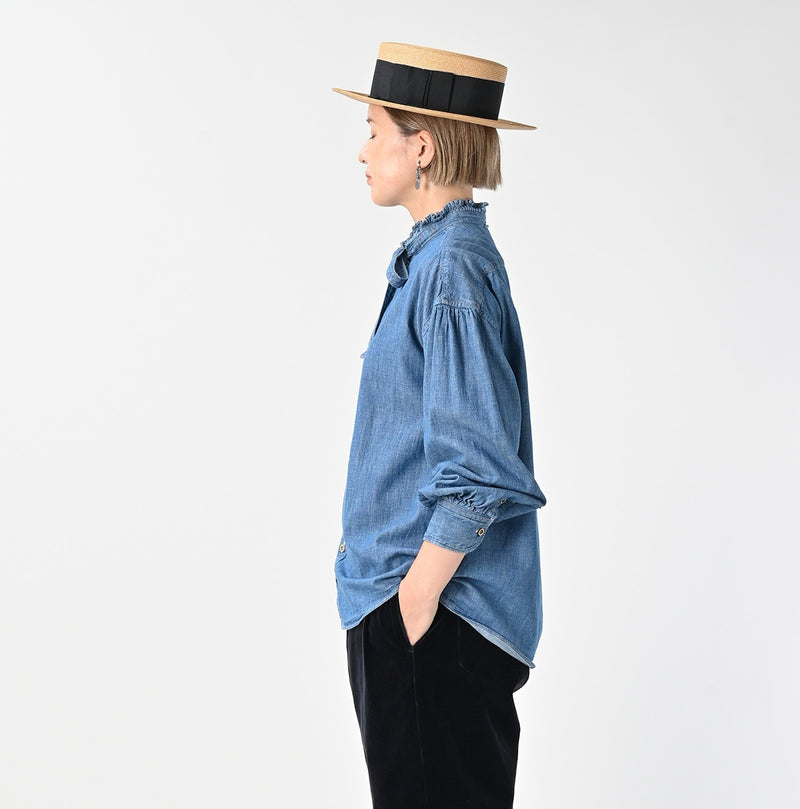 45R Indigo Dungaree Denim Bow Tie Coupe Shirt Distressed - Image 5