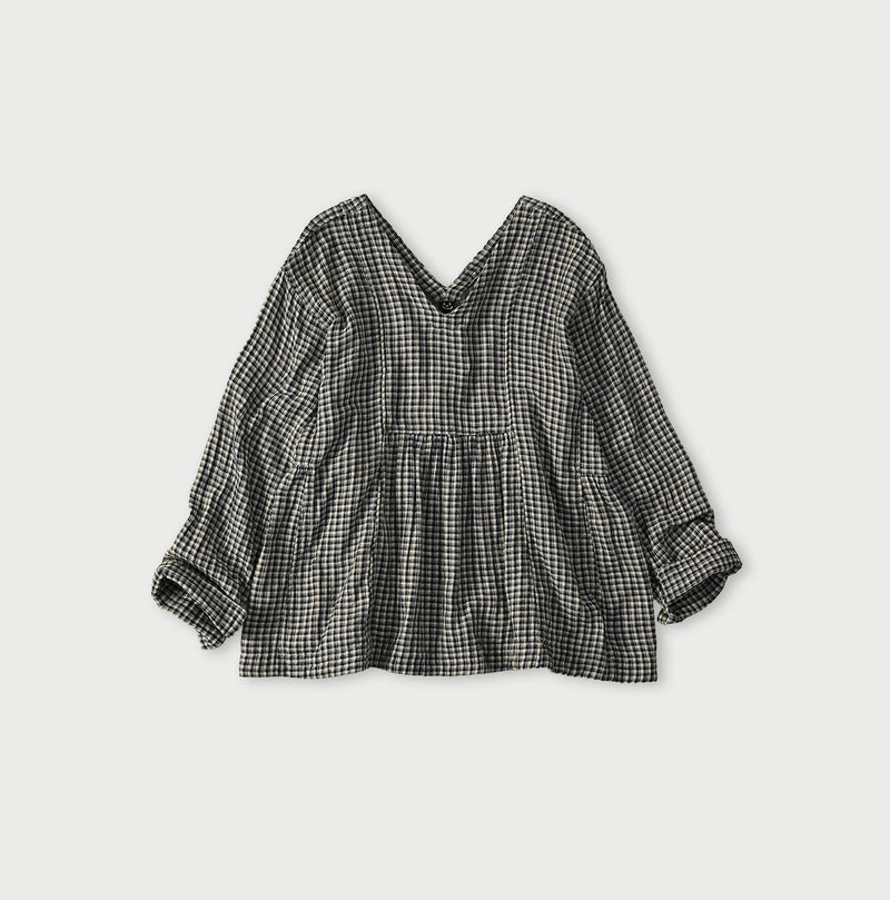 45R Indigo Doublecloth V-Gathered Blouse - Image 1