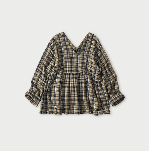 45R Indigo Doublecloth V-Gathered Blouse
