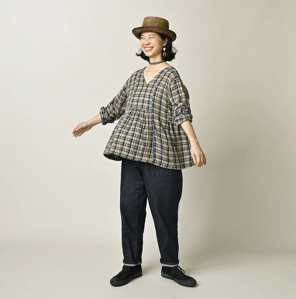 45R Indigo Doublecloth V-Gathered Blouse
