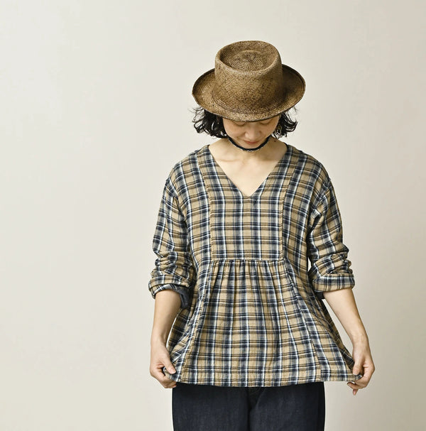 45R Indigo Doublecloth V-Gathered Blouse