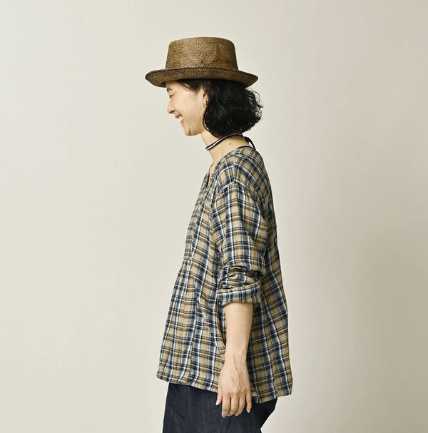 45R Indigo Doublecloth V-Gathered Blouse