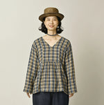 45R Indigo Doublecloth V-Gathered Blouse