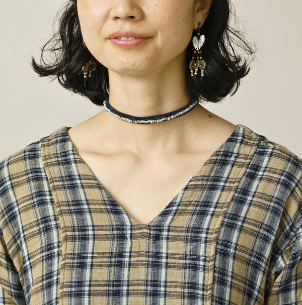 45R Indigo Doublecloth V-Gathered Blouse
