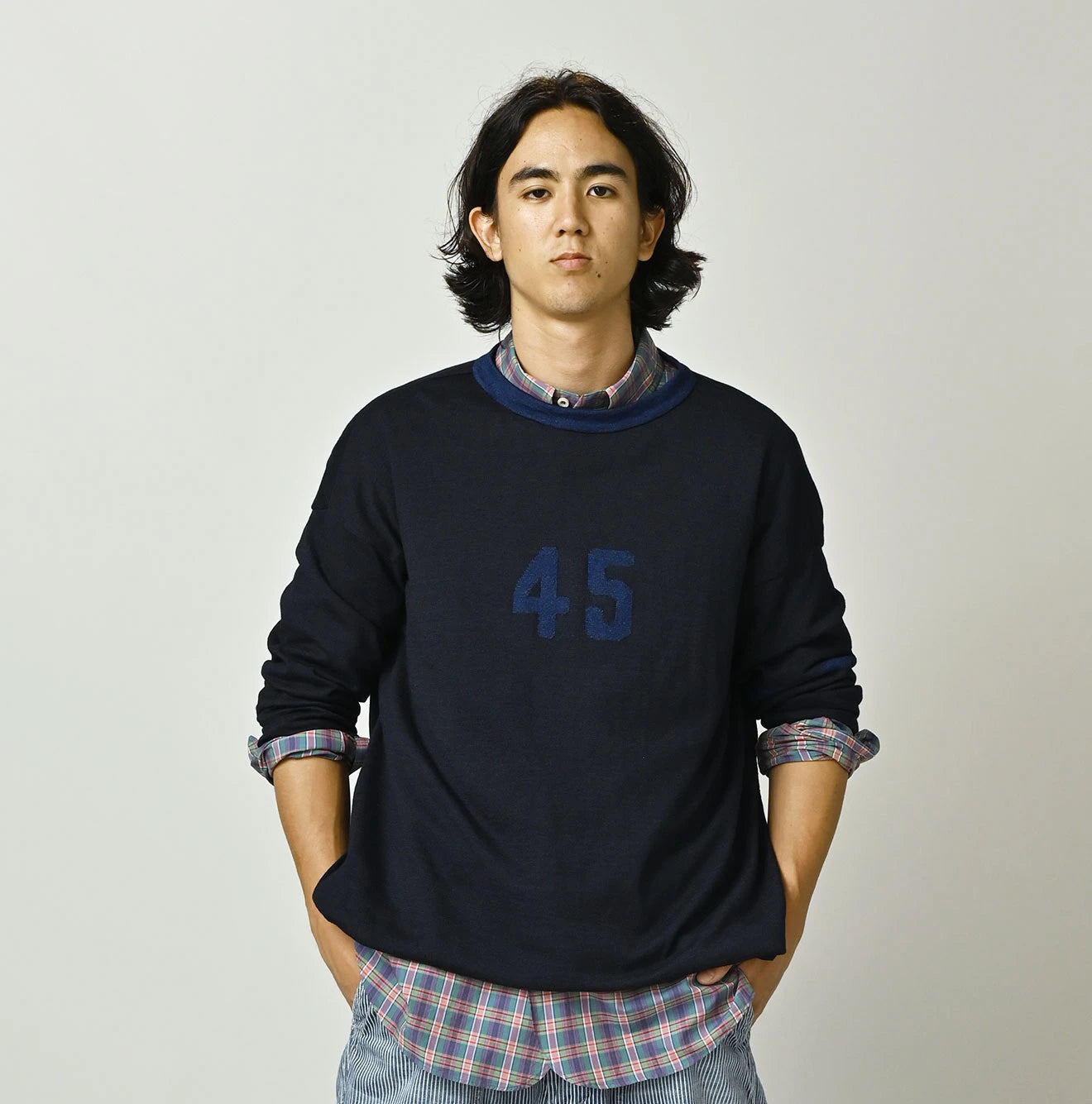 Indigo Jacquard Knit-sew 908 Big Slit Hiko | 45R Official Online