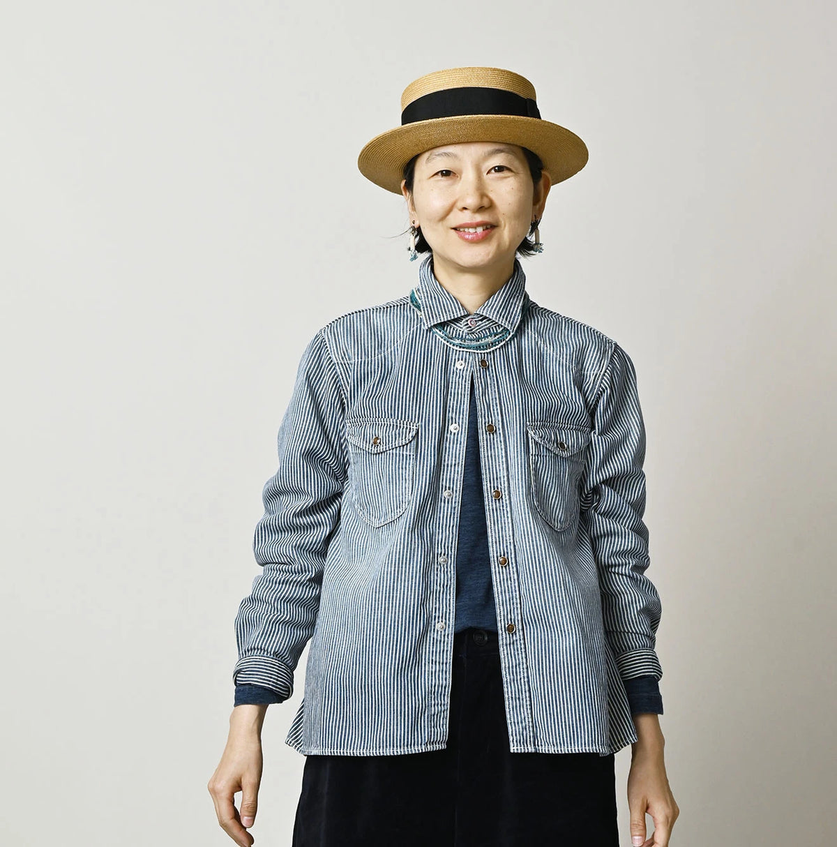 45R Komugi Denim Flare Eastern Blouse