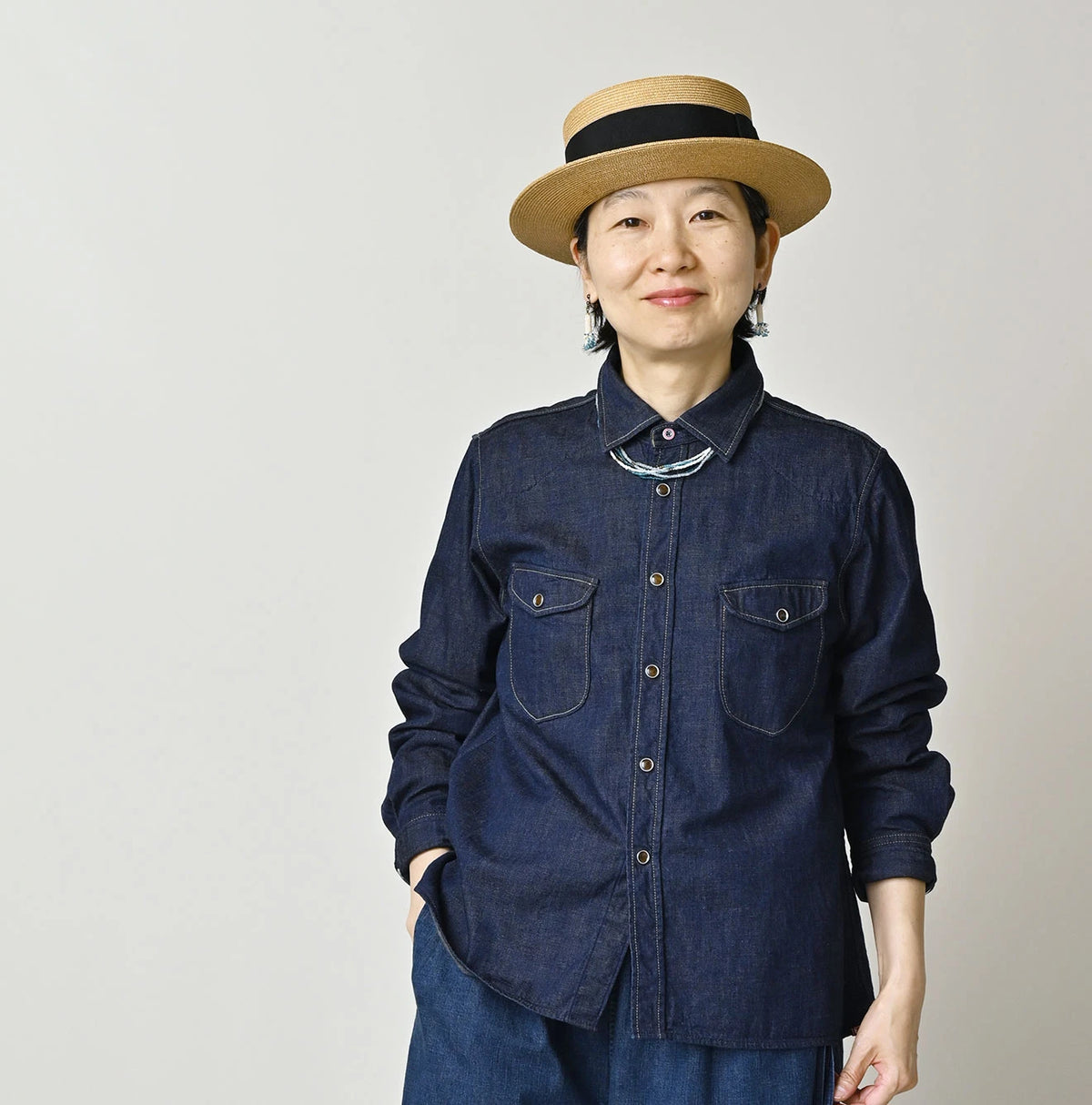 45R Komugi Denim Flare Eastern Blouse