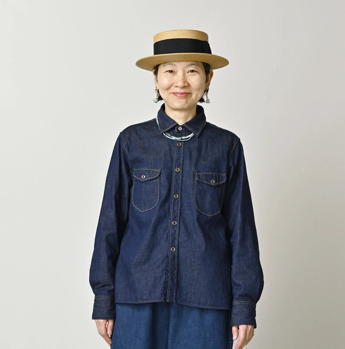 45R Komugi Denim Flare Eastern Blouse