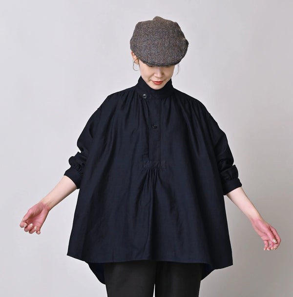45R Indigo Yoko Sateen Shawl Collar Blouse