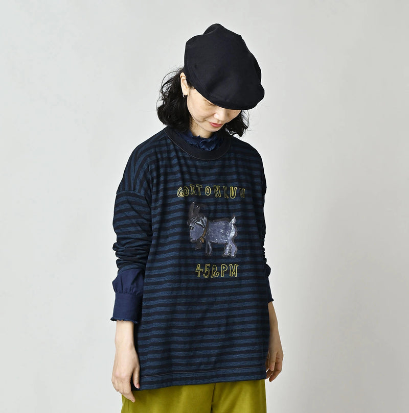 45R Indigo Stripe Big Slit Hiko Betouch Goaton T-shirt - Image 3