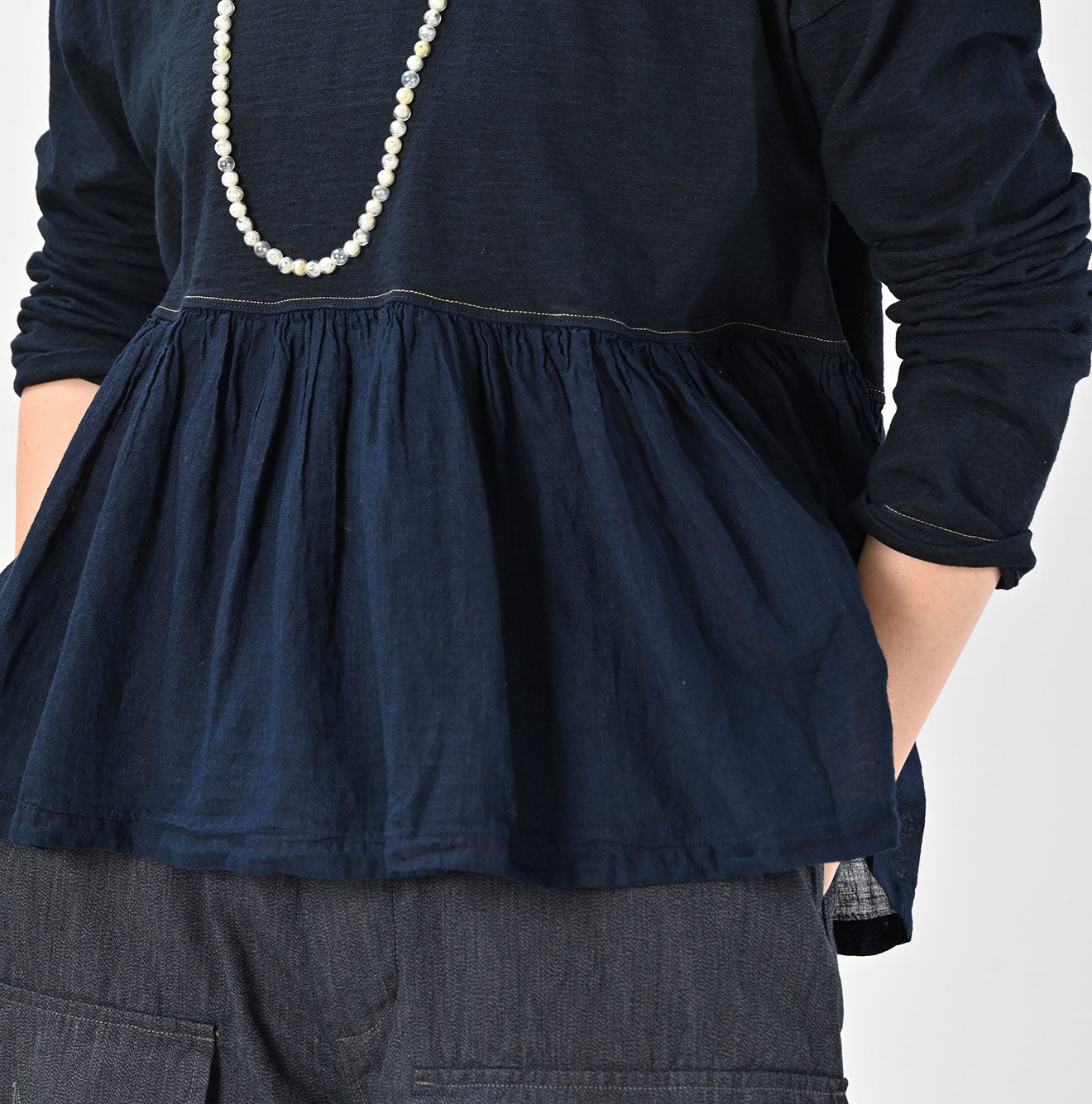 45R Indigo Tenjiku Gathered Blouse