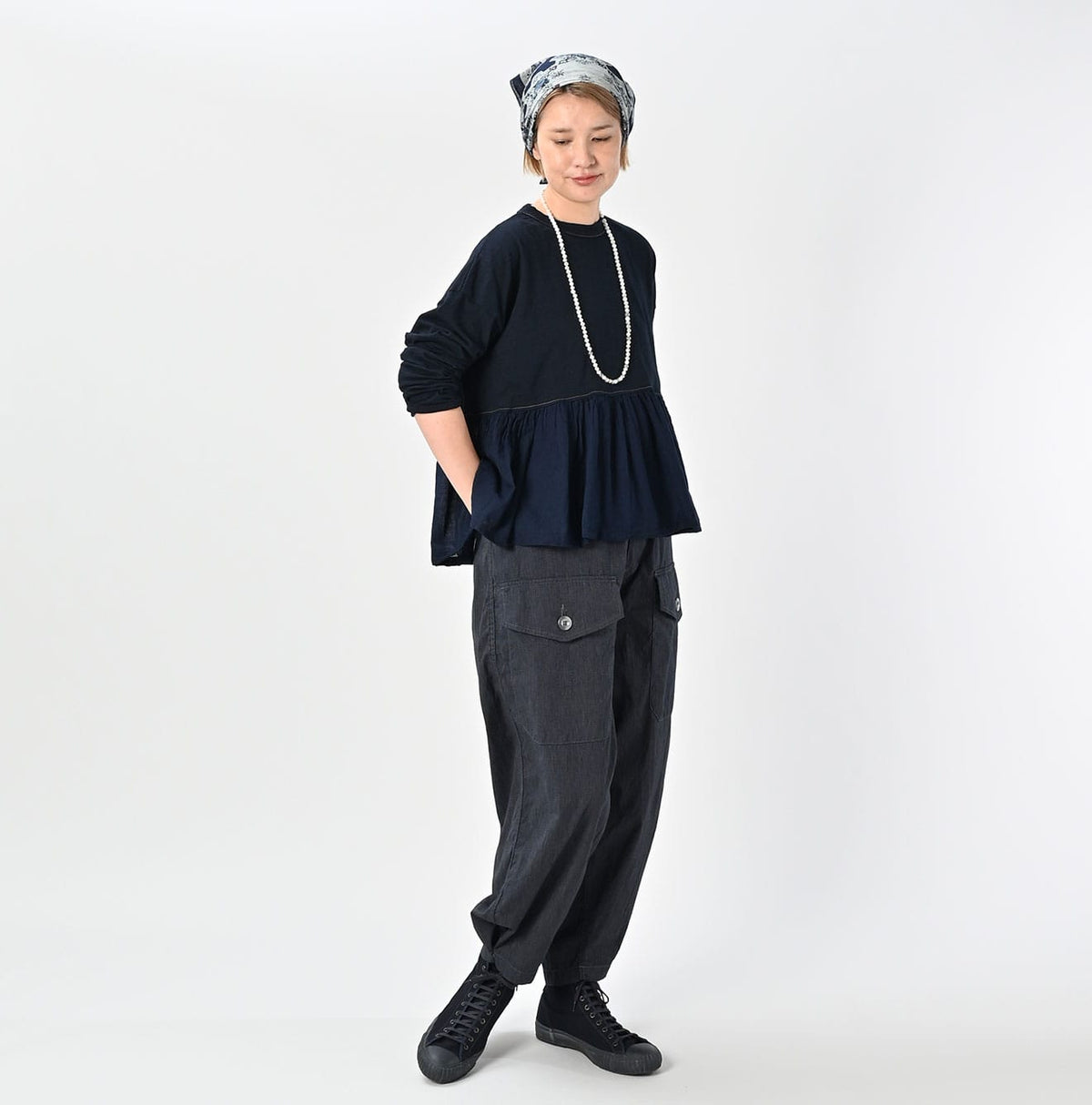 45R Indigo Tenjiku Gathered Blouse