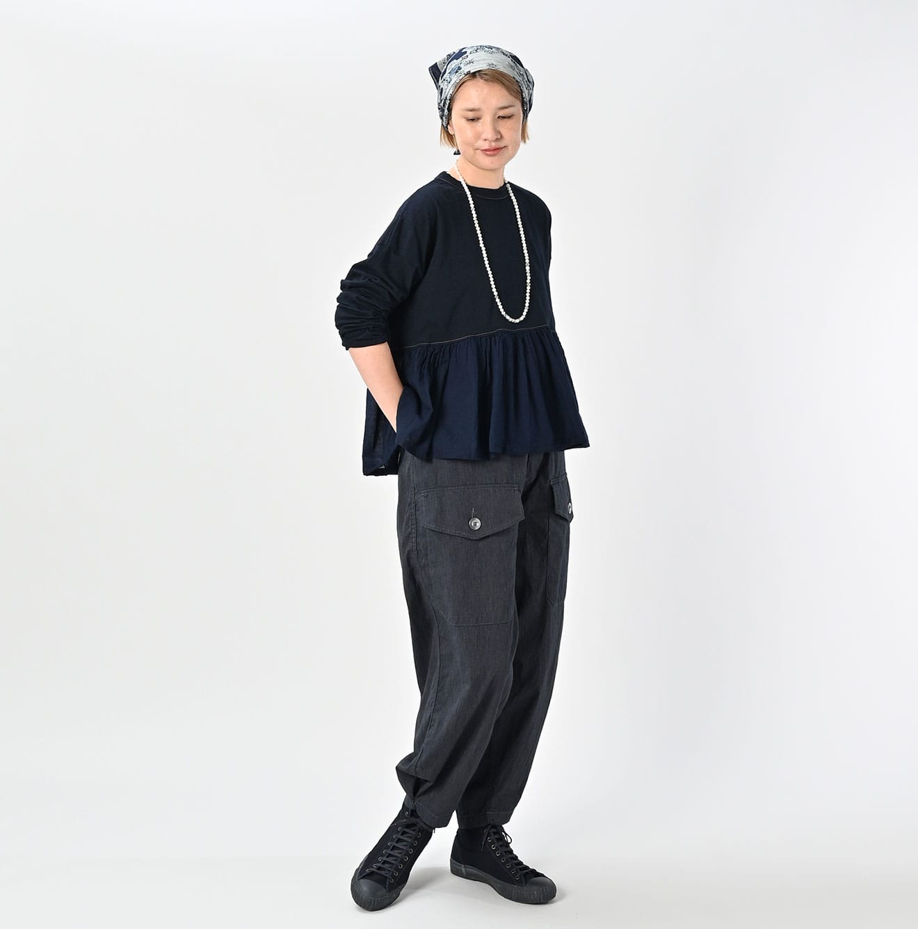 45R Indigo Tenjiku Gathered Blouse