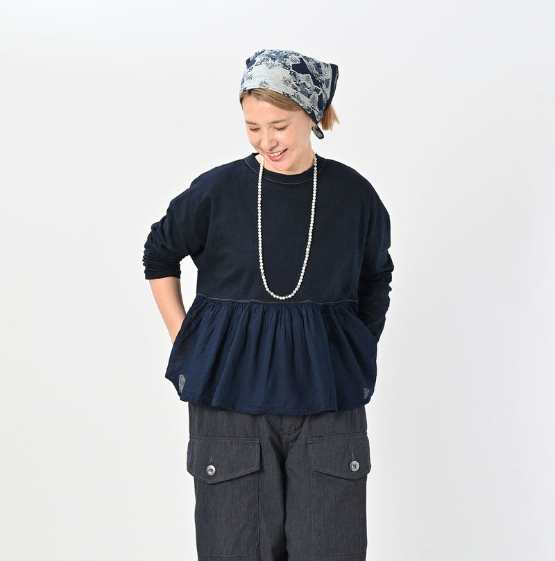 45R Indigo Tenjiku Gathered Blouse