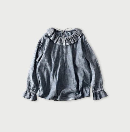 45R Ai Indigo Dungaree Khadi Frilled Collar Blouse
