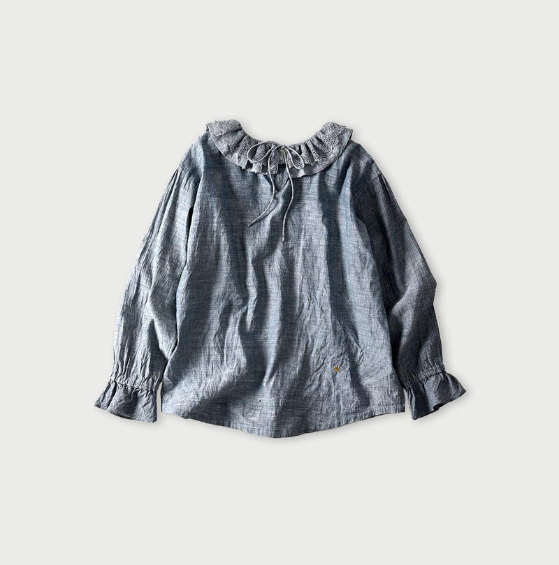 45R Ai Indigo Dungaree Khadi Frilled Collar Blouse