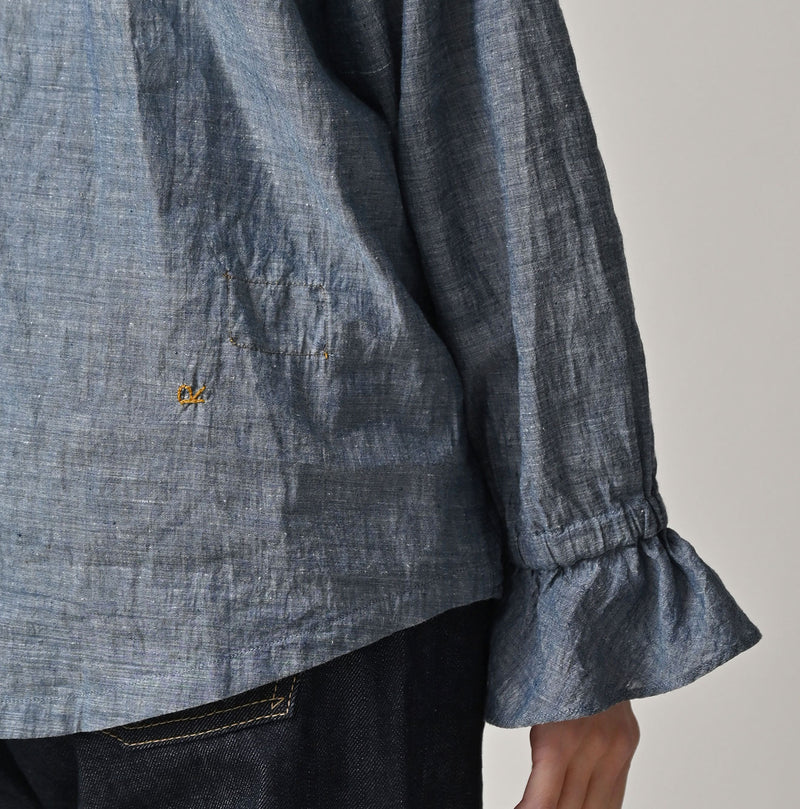 45R Ai Indigo Dungaree Khadi Frilled Collar Blouse