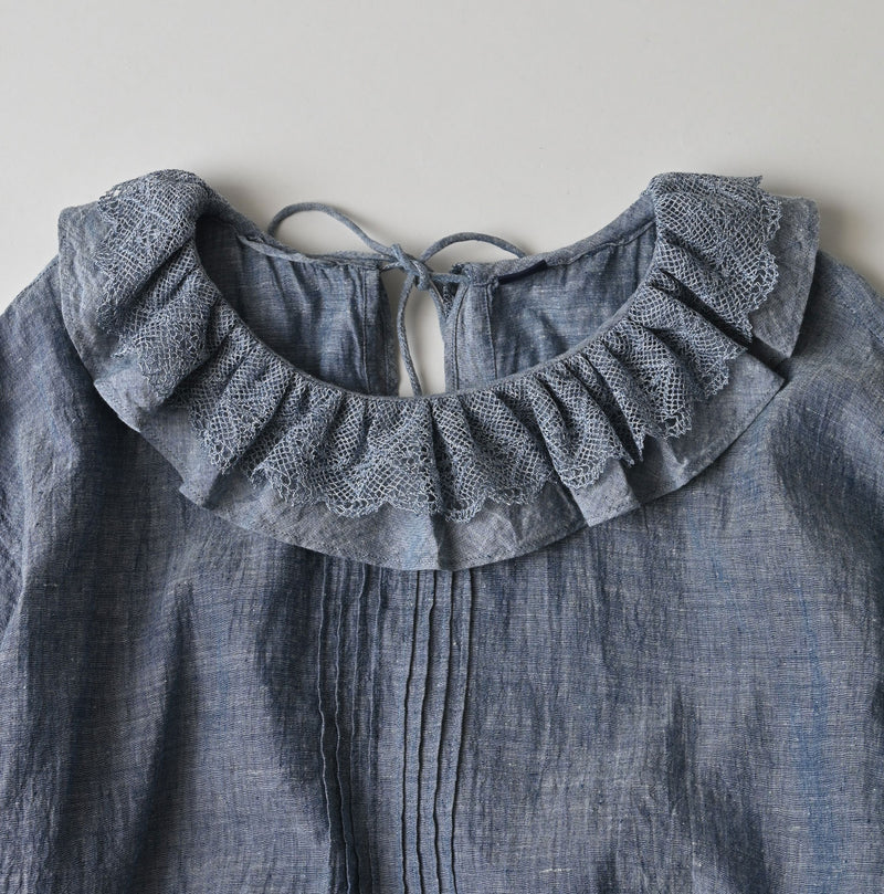 45R Ai Indigo Dungaree Khadi Frilled Collar Blouse