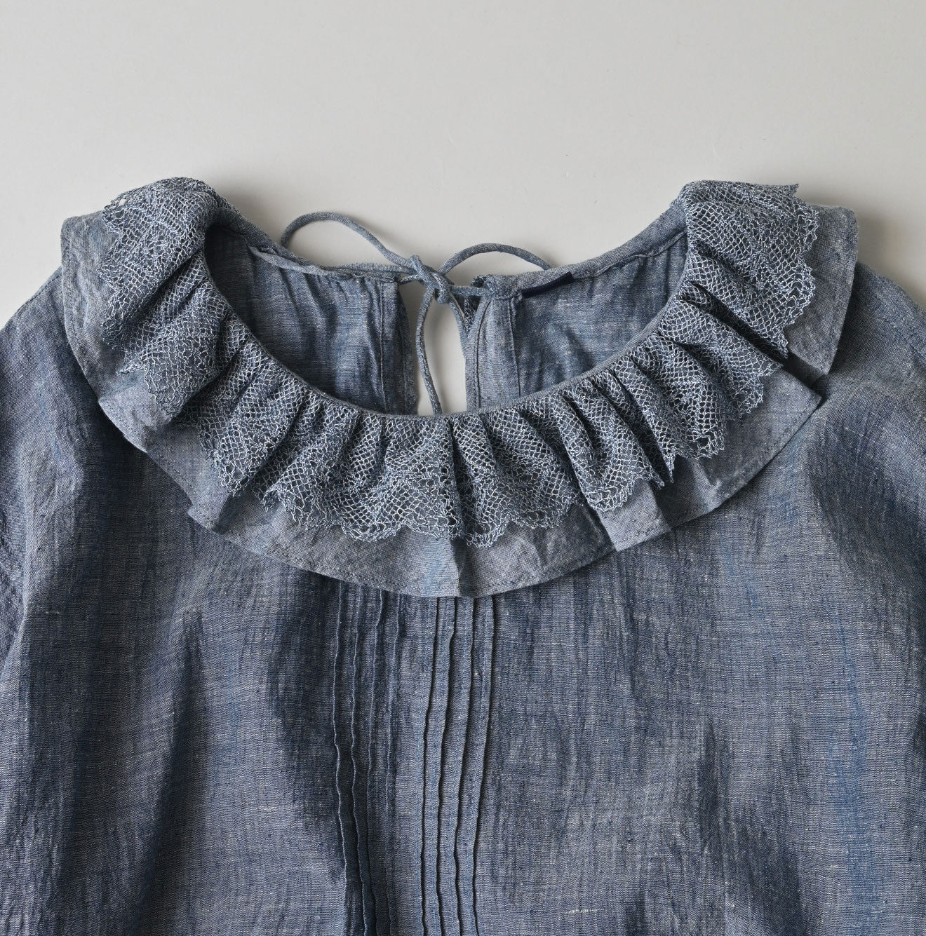 45R Ai Indigo Dungaree Khadi Frilled Collar Blouse