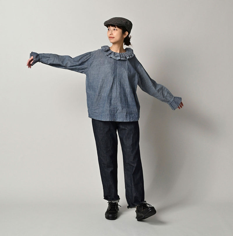 45R Ai Indigo Dungaree Khadi Frilled Collar Blouse