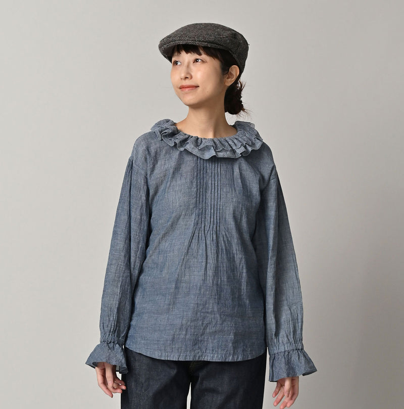 45R Ai Indigo Dungaree Khadi Frilled Collar Blouse