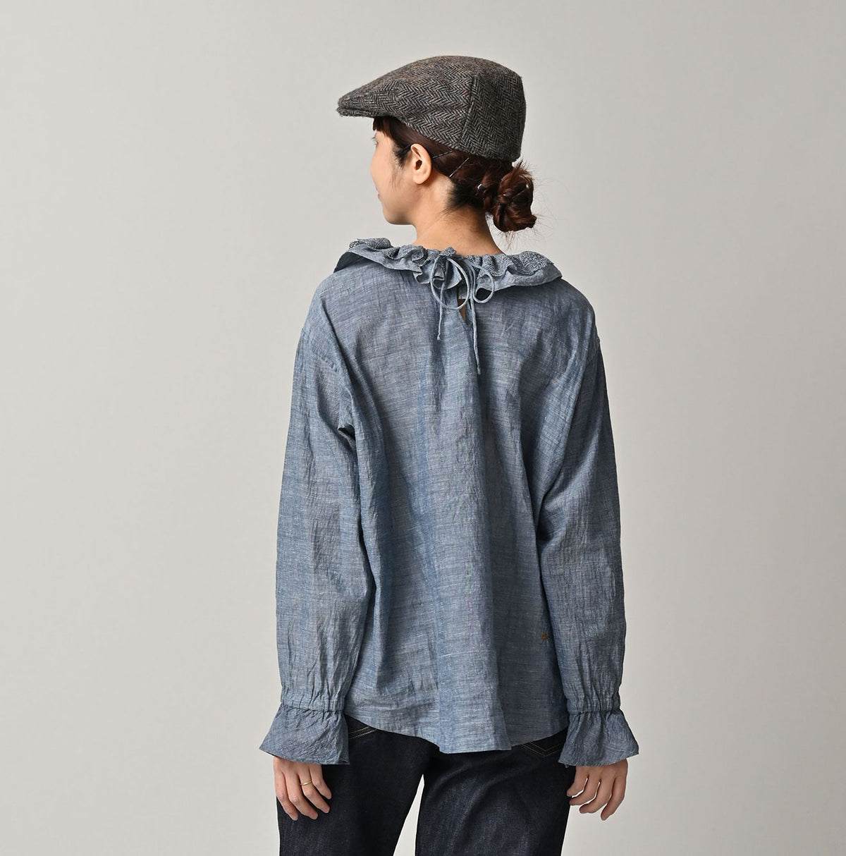 45R Ai Indigo Dungaree Khadi Frilled Collar Blouse