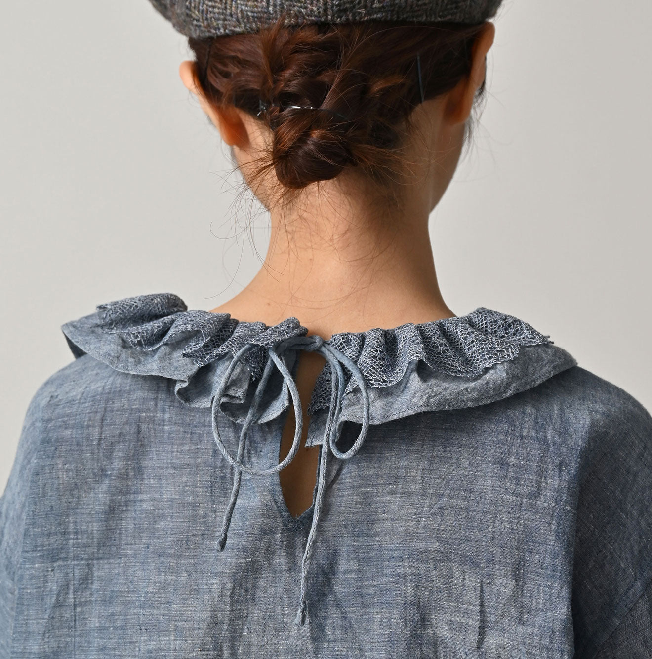 45R Ai Indigo Dungaree Khadi Frilled Collar Blouse