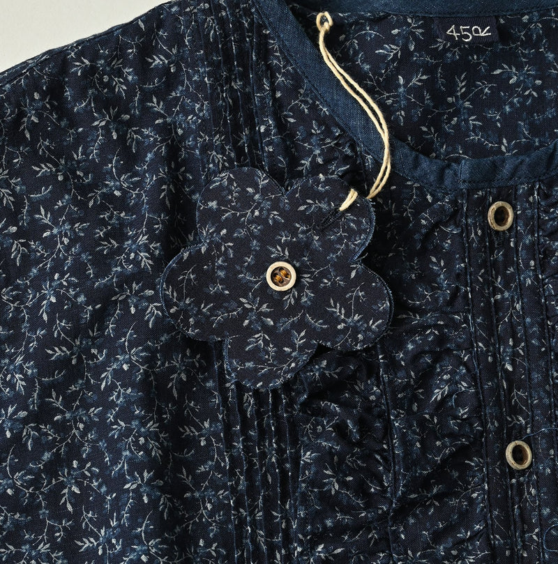 45R Indigo Ivy Flower Frilled Blouse