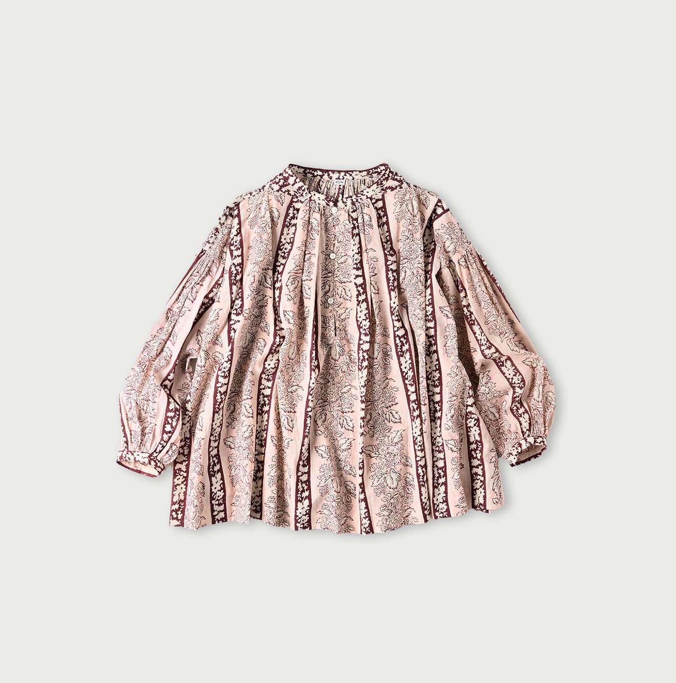 Stripe Flower Block Print Smocking Blouse