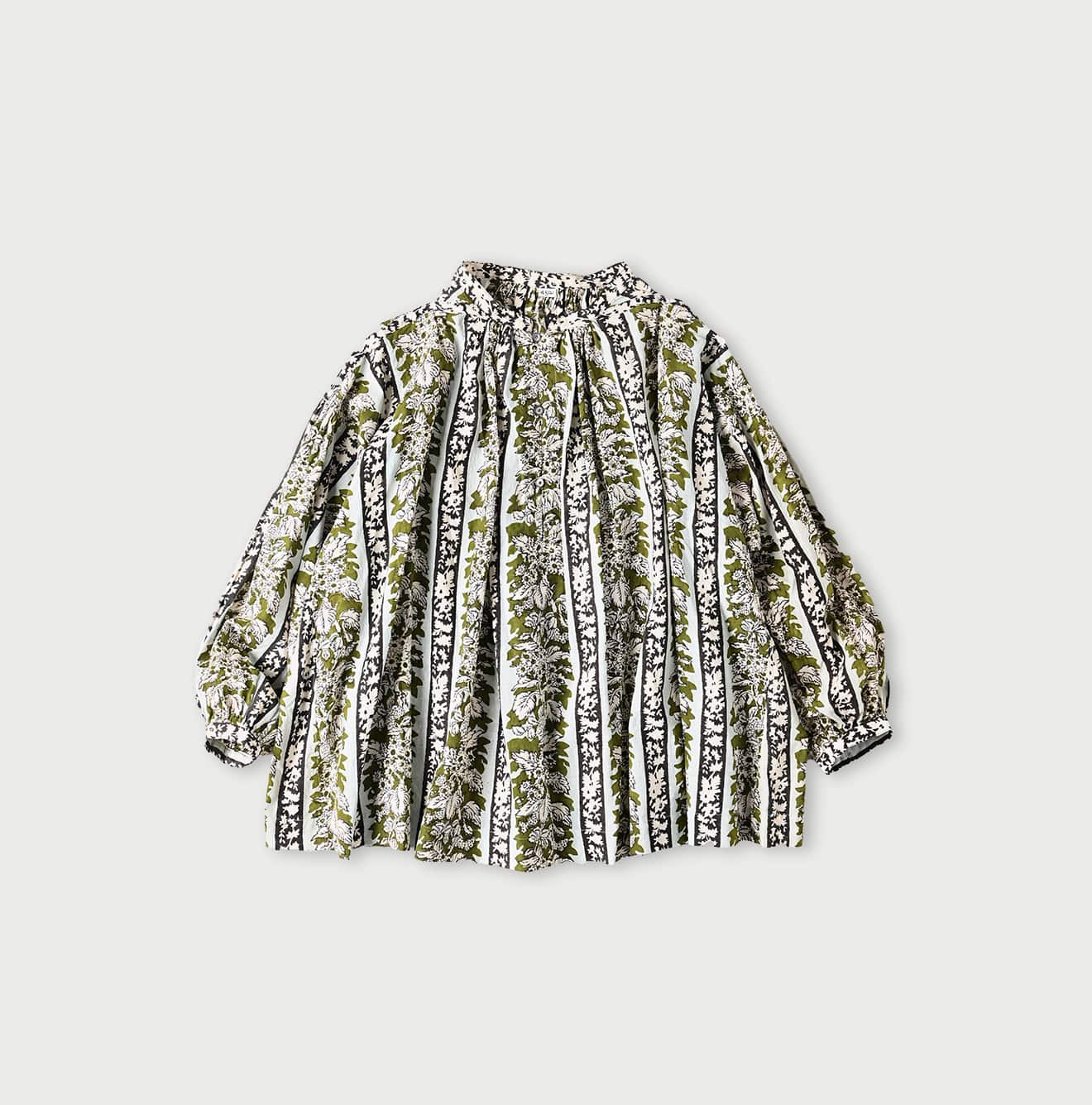 45R Stripe Flower Block Print Smocking Blouse