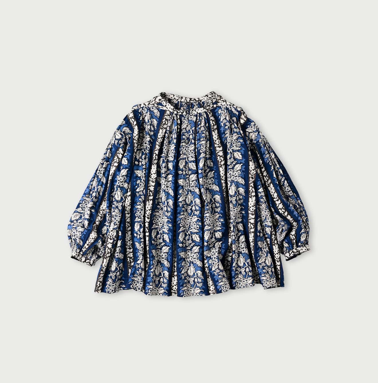 45R Stripe Flower Block Print Smocking Blouse