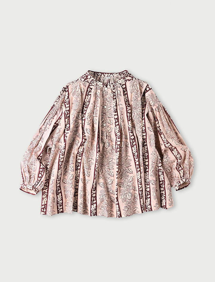 Stripe Flower Block Print Smocking Blouse