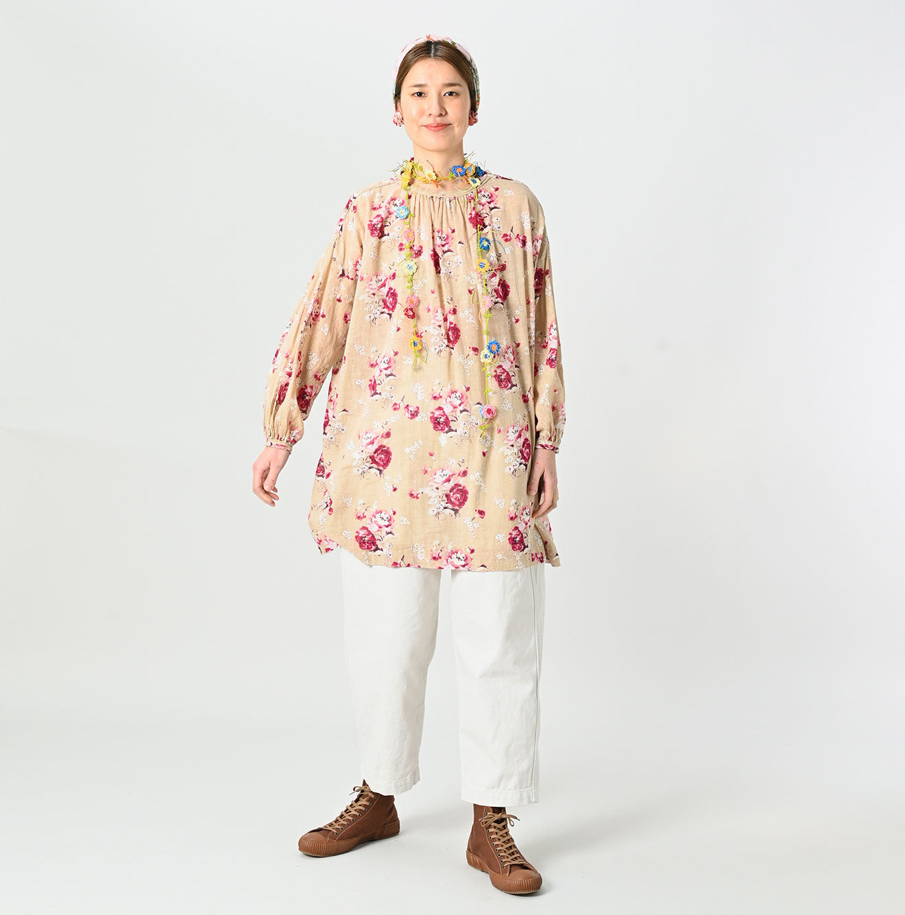 45R Gauze Rose Gathered Tunic Blouse