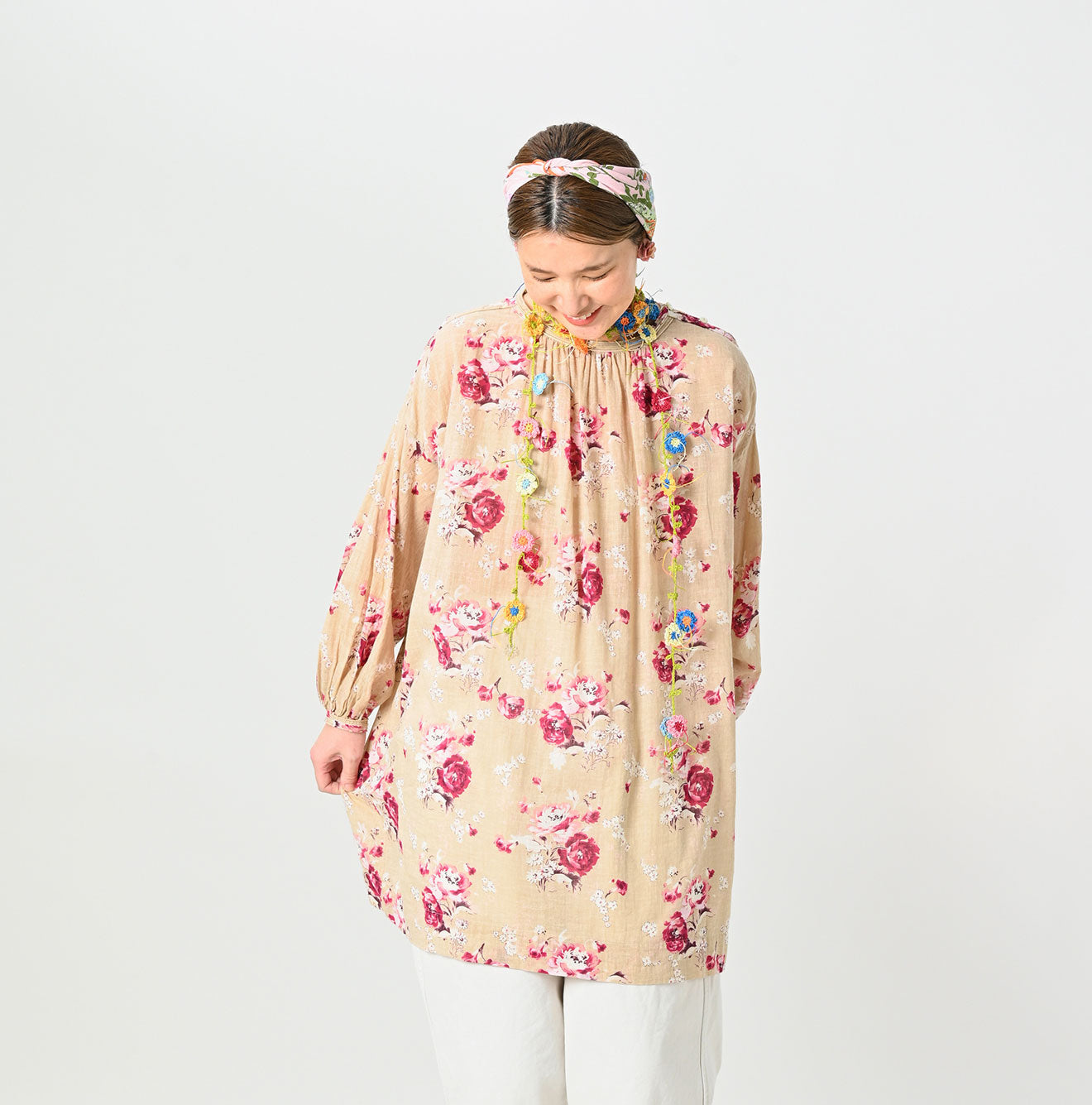 45R Gauze Rose Gathered Tunic Blouse