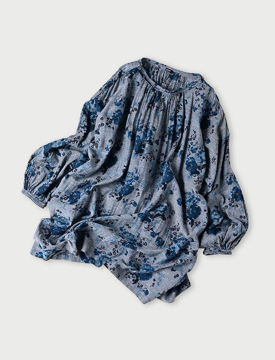 Indigo Gauze Rose Gathered Tunic Blouse