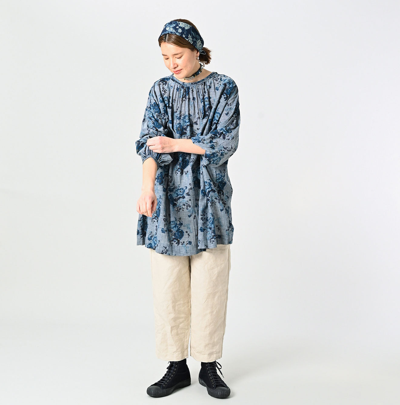 Indigo Gauze Rose Gathered Tunic Blouse - 45R by 45rpm studio