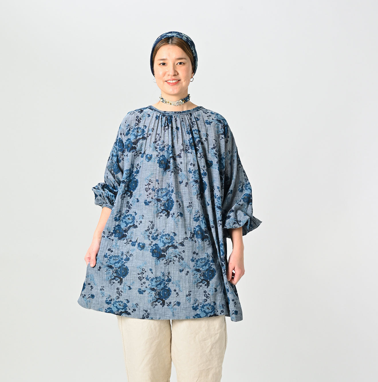 Indigo Gauze Rose Gathered Tunic Blouse - 45R by 45rpm studio