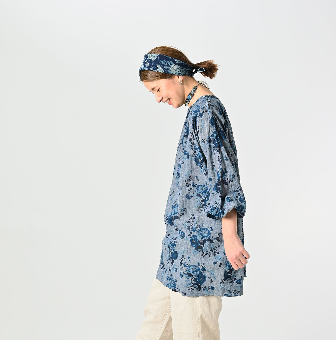 Indigo Gauze Rose Gathered Tunic Blouse - 45R by 45rpm studio