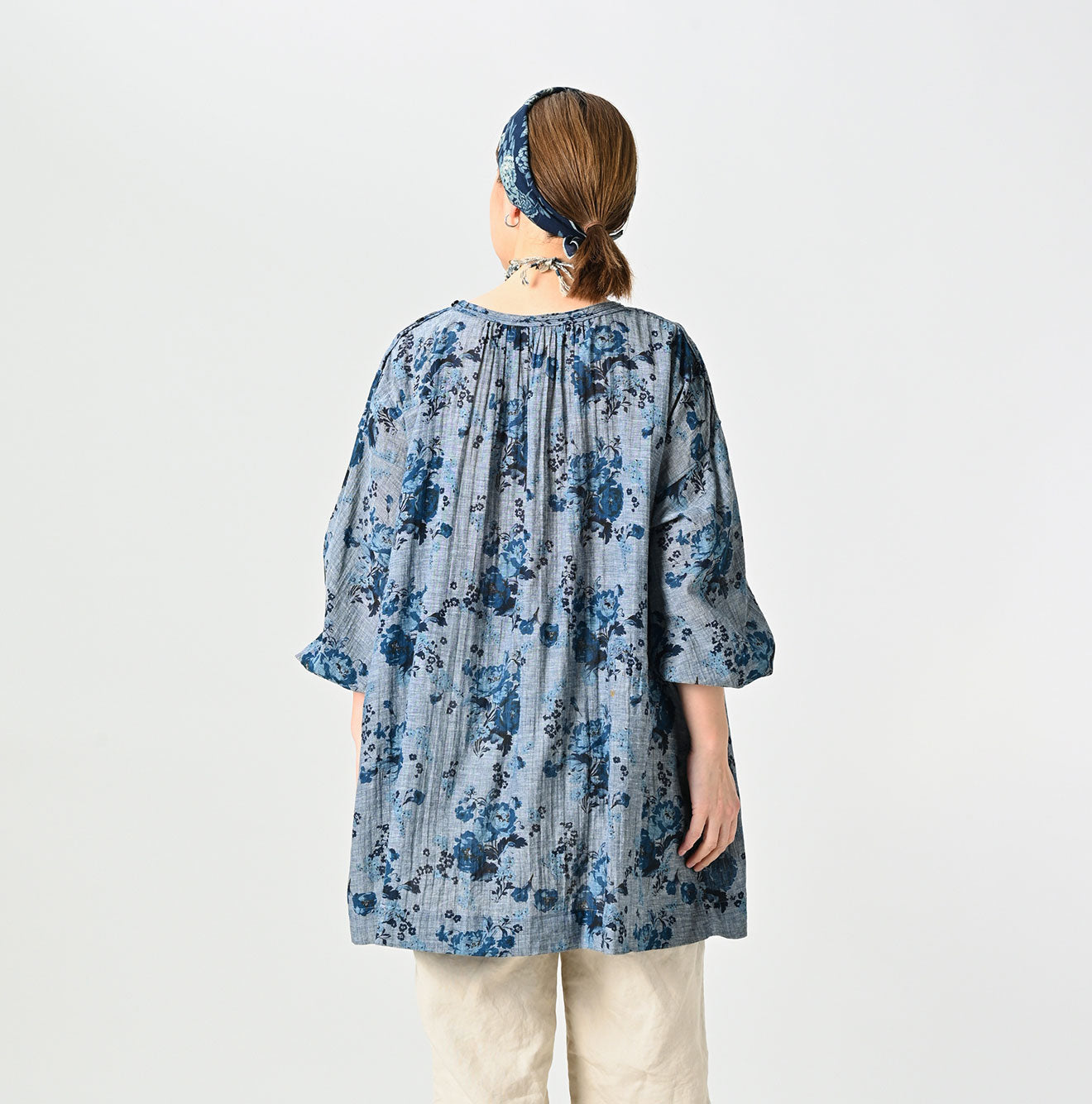 Indigo Gauze Rose Gathered Tunic Blouse - 45R by 45rpm studio