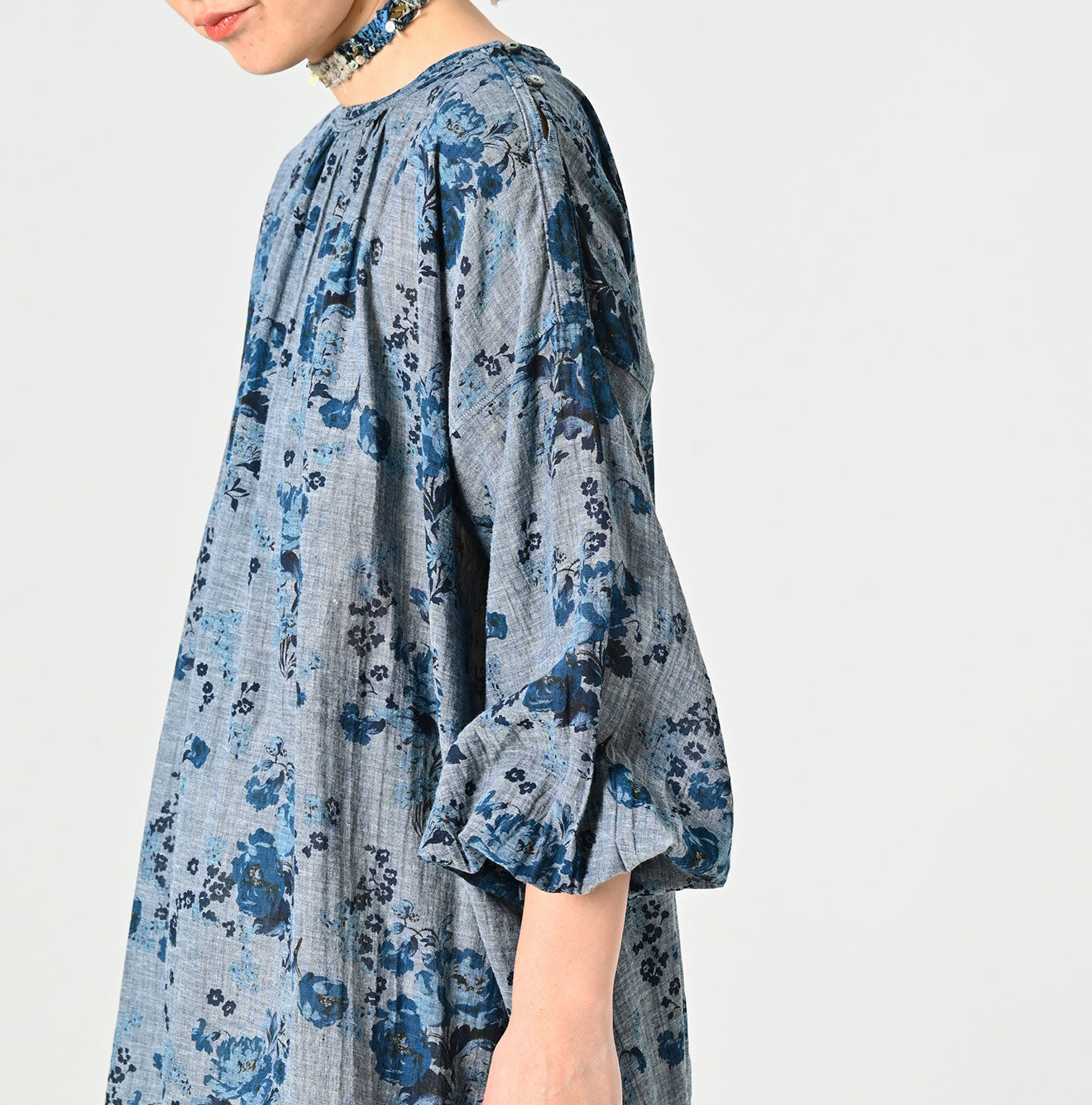 Indigo Gauze Rose Gathered Tunic Blouse - 45R by 45rpm studio