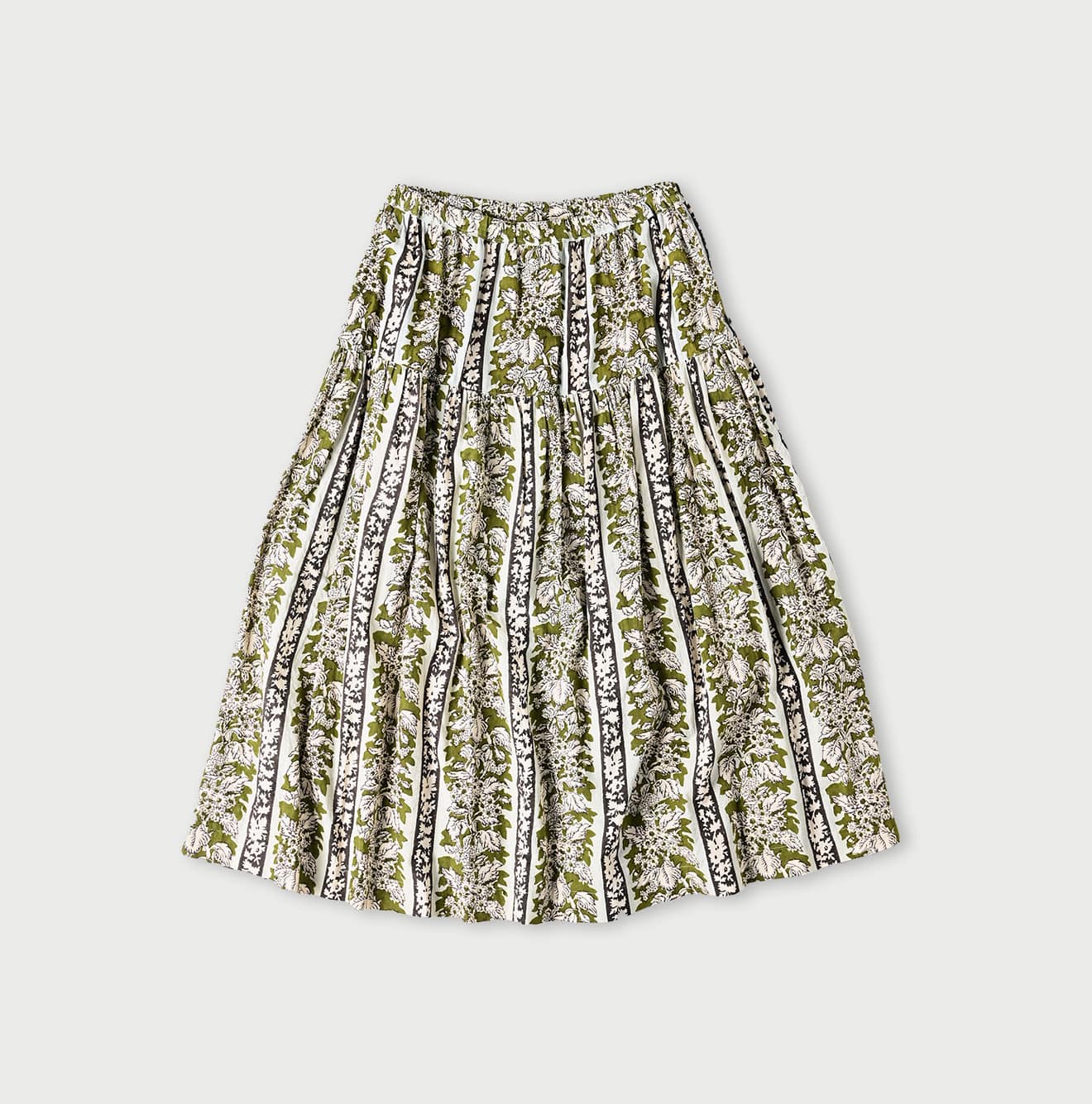 45R Stripe Flower Block Print Tiered Skirt