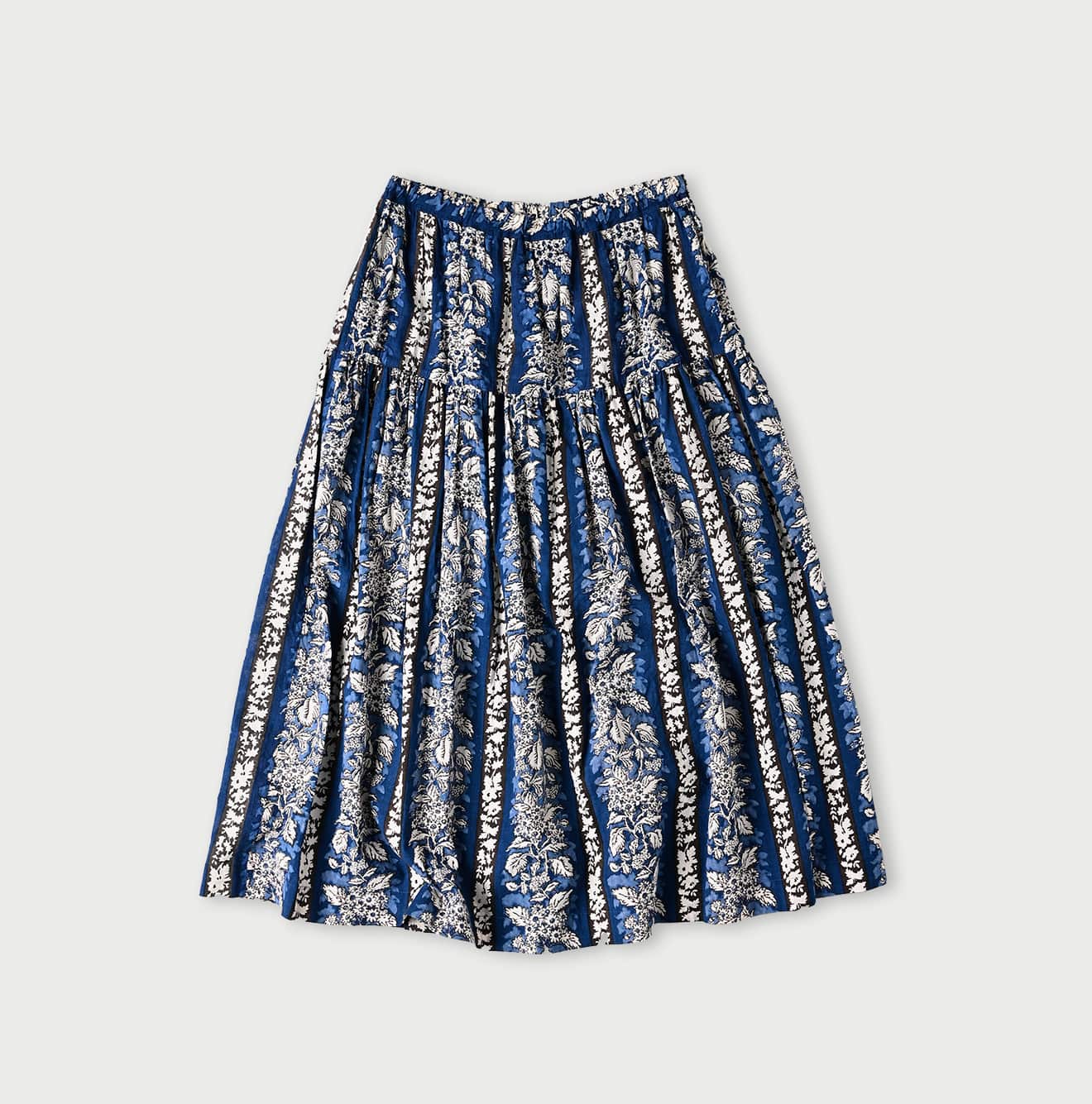 45R Stripe Flower Block Print Tiered Skirt