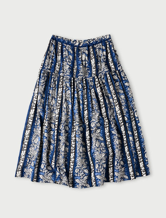 Stripe Flower Block Print Tiered Skirt