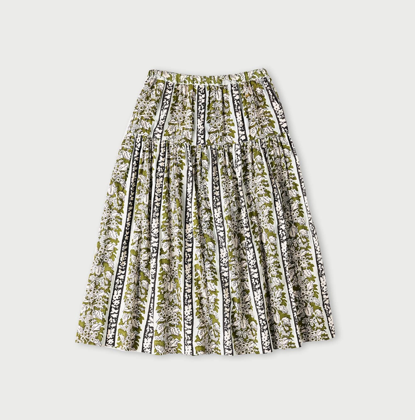 45R Stripe Flower Block Print Tiered Skirt