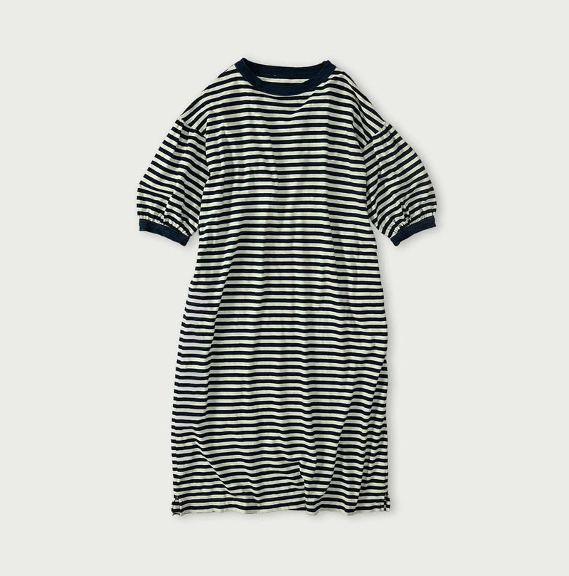 45R Indigo Stripe Puff Sleeve Dress