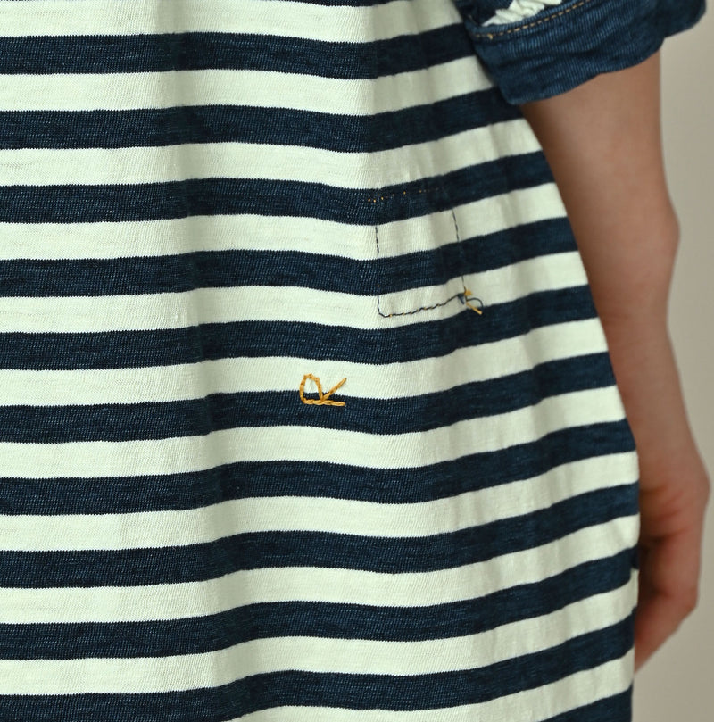 45R Indigo Stripe Puff Sleeve Dress