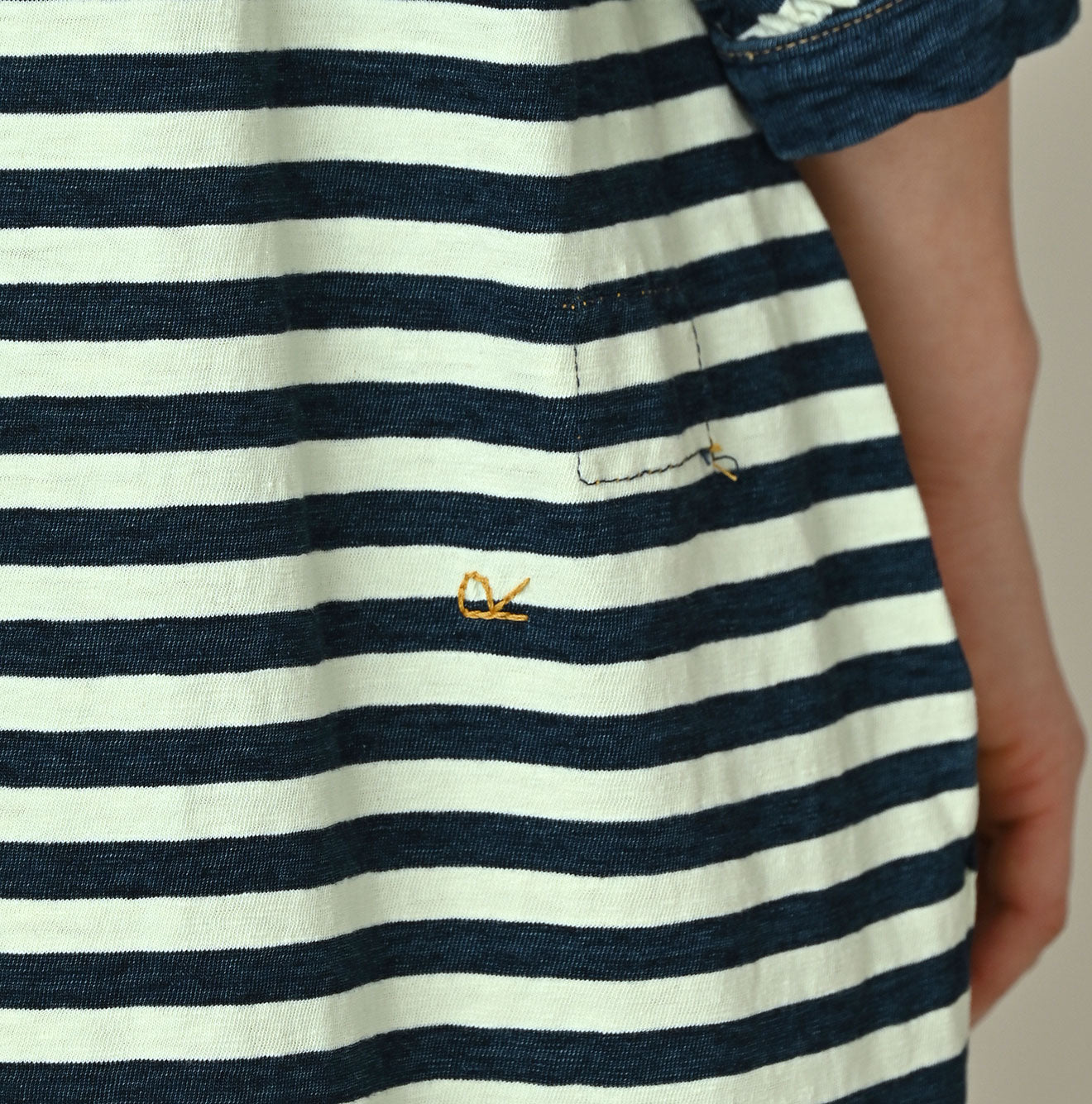 45R Indigo Stripe Puff Sleeve Dress