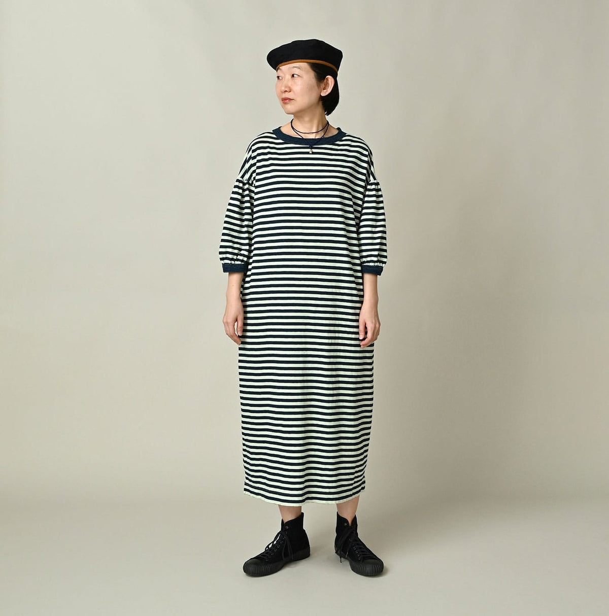 45R Indigo Stripe Puff Sleeve Dress